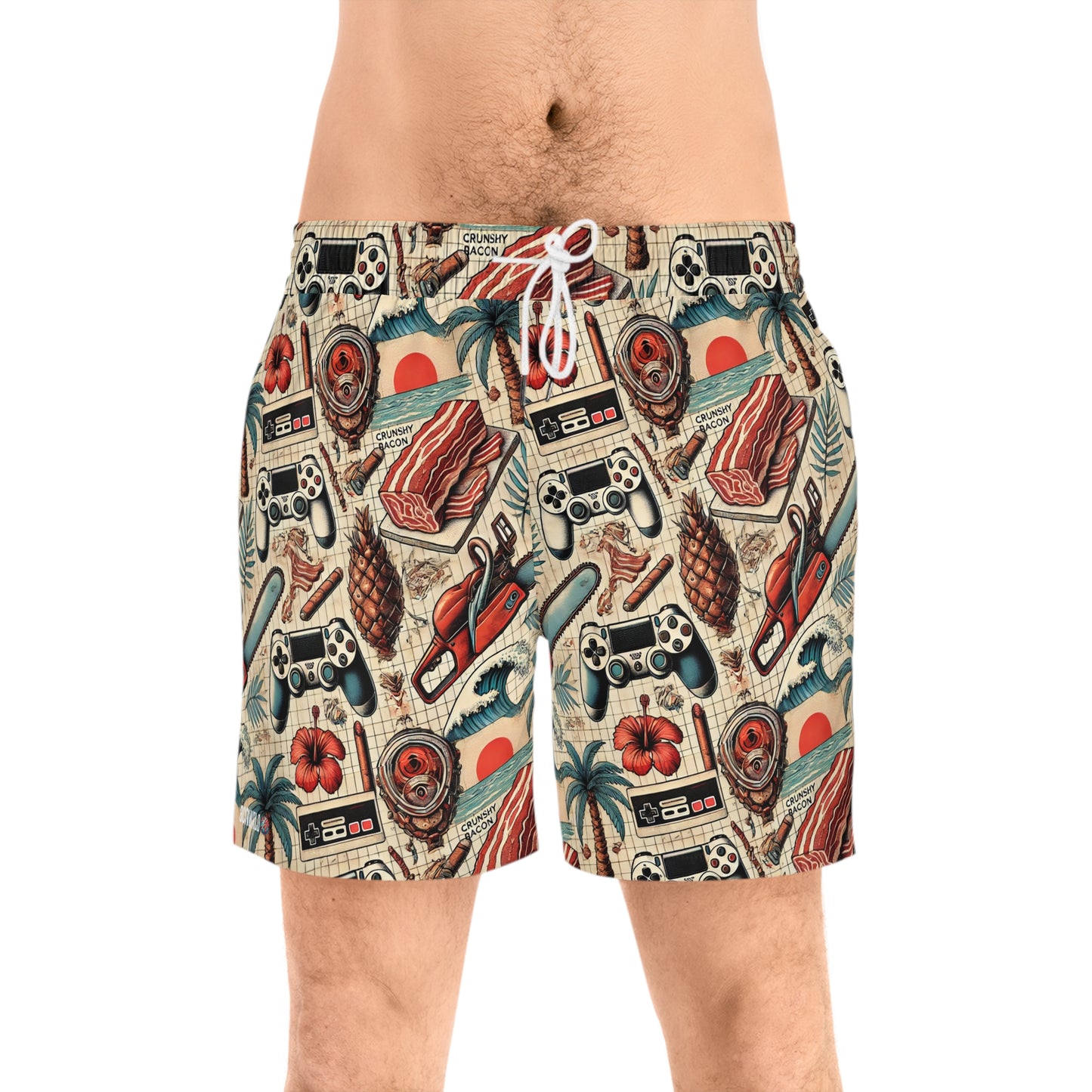 BCNWRLD "SPLASHER THREE" Vibrant Men's Mid-Length Swim Shorts - Fun Tropical Skull Design with Bacon