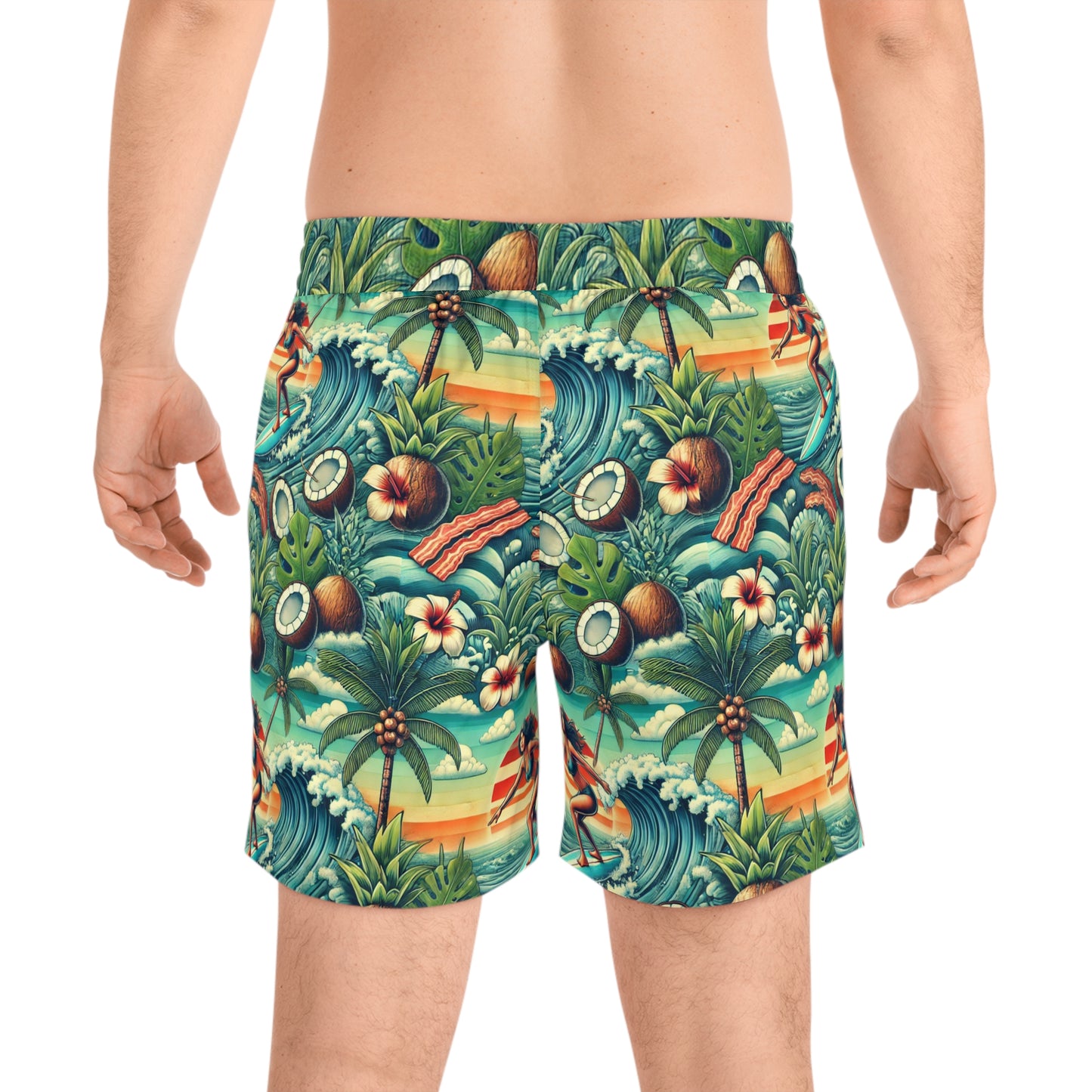 BCNWRLD "SPLASHER FOUR" Vibrant Men's Mid-Length Swim Shorts - Fun Tropical Skull Design with Bacon