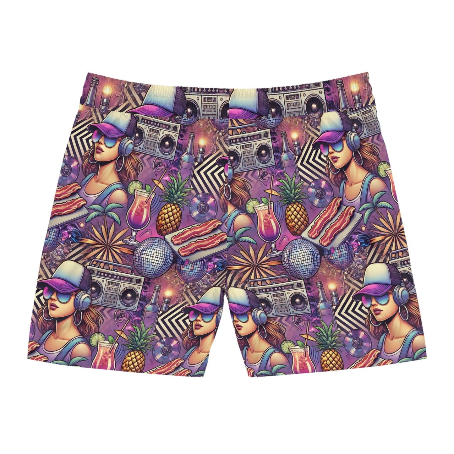 BCNWRLD "SPLASHER FIVE" Vibrant Men's Mid-Length Swim Shorts - Fun Tropical Skull Design with Bacon