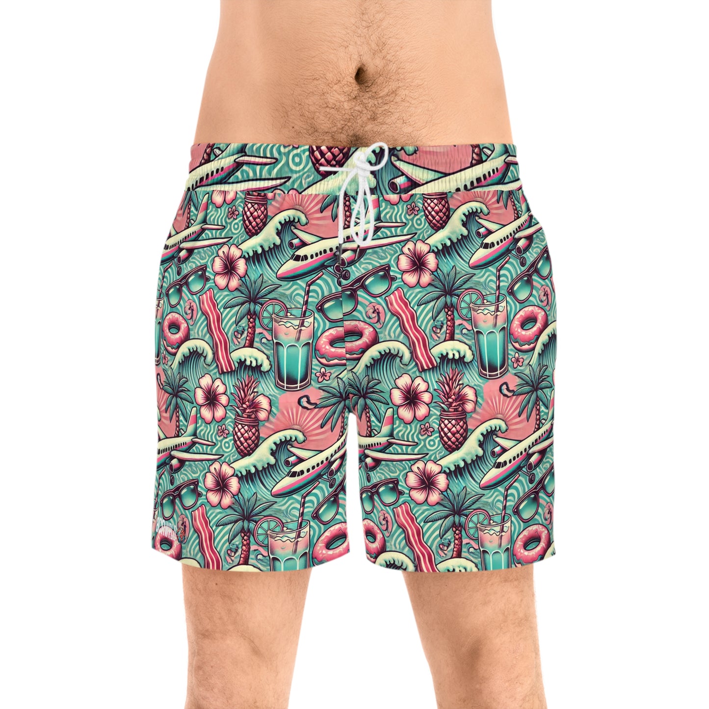 BCNWRLD "SPLASHER TWO" Vibrant Men's Mid-Length Swim Shorts - Fun Tropical Skull Design with Bacon