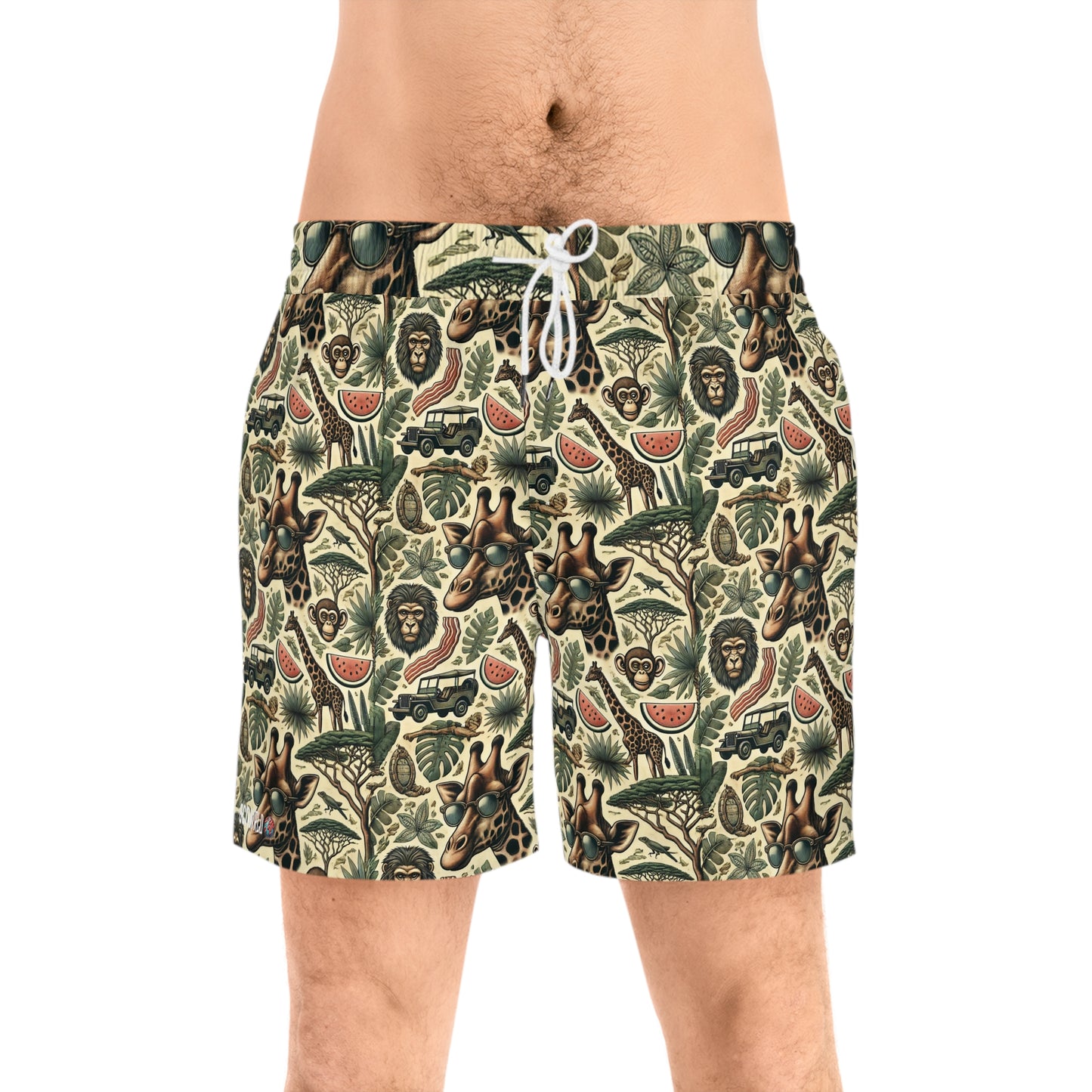 BCNWRLD "SPLASHER SIX" Vibrant Men's Mid-Length Swim Shorts - Fun Tropical Skull Design with Bacon