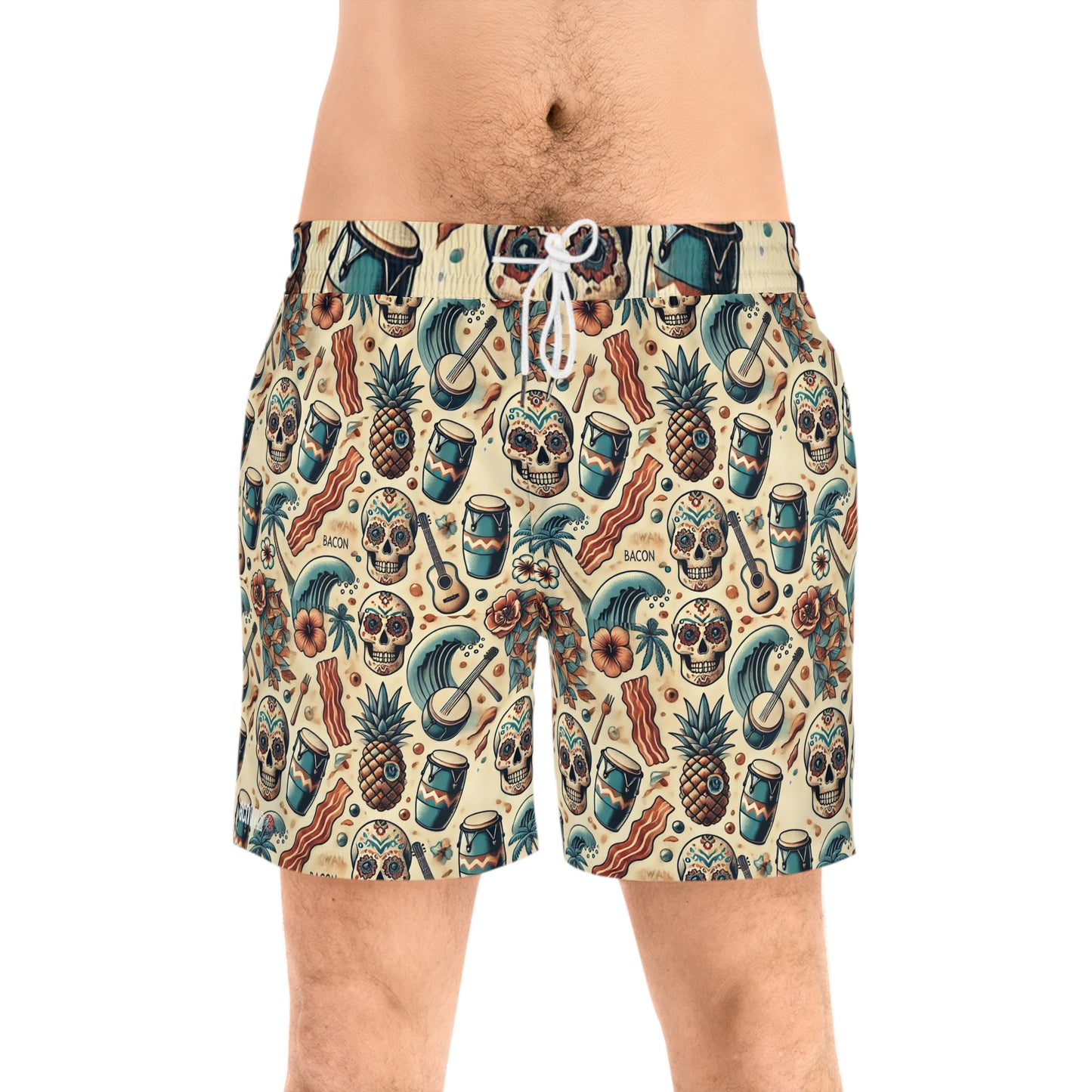 BCNWRLD "SPLASHER ONE" Vibrant Men's Mid-Length Swim Shorts - Fun Tropical Skull Design with Bacon