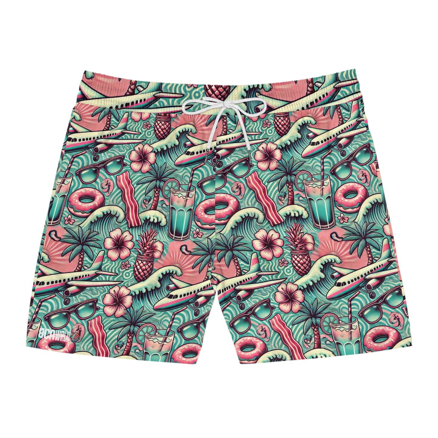 BCNWRLD "SPLASHER TWO" Vibrant Men's Mid-Length Swim Shorts - Fun Tropical Skull Design with Bacon