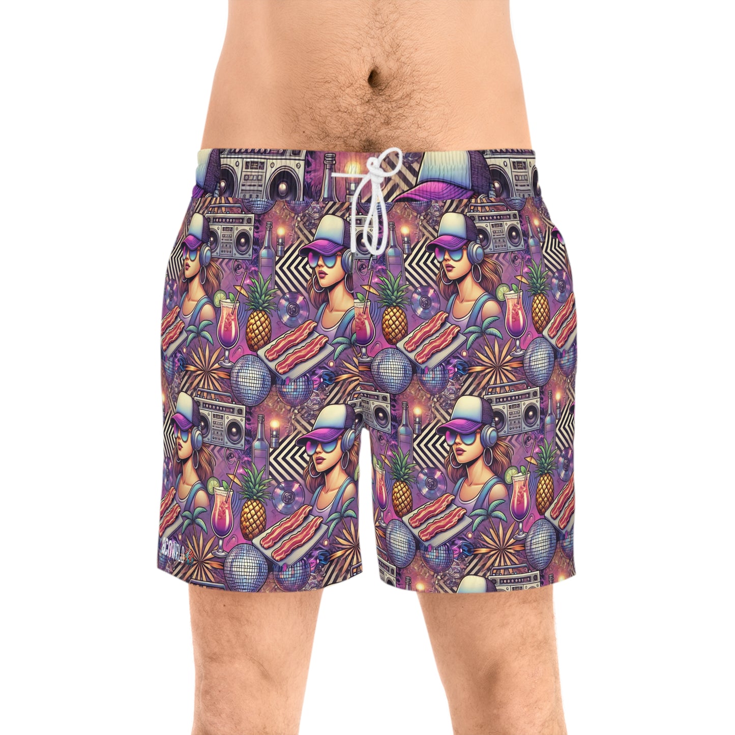 BCNWRLD "SPLASHER FIVE" Vibrant Men's Mid-Length Swim Shorts - Fun Tropical Skull Design with Bacon