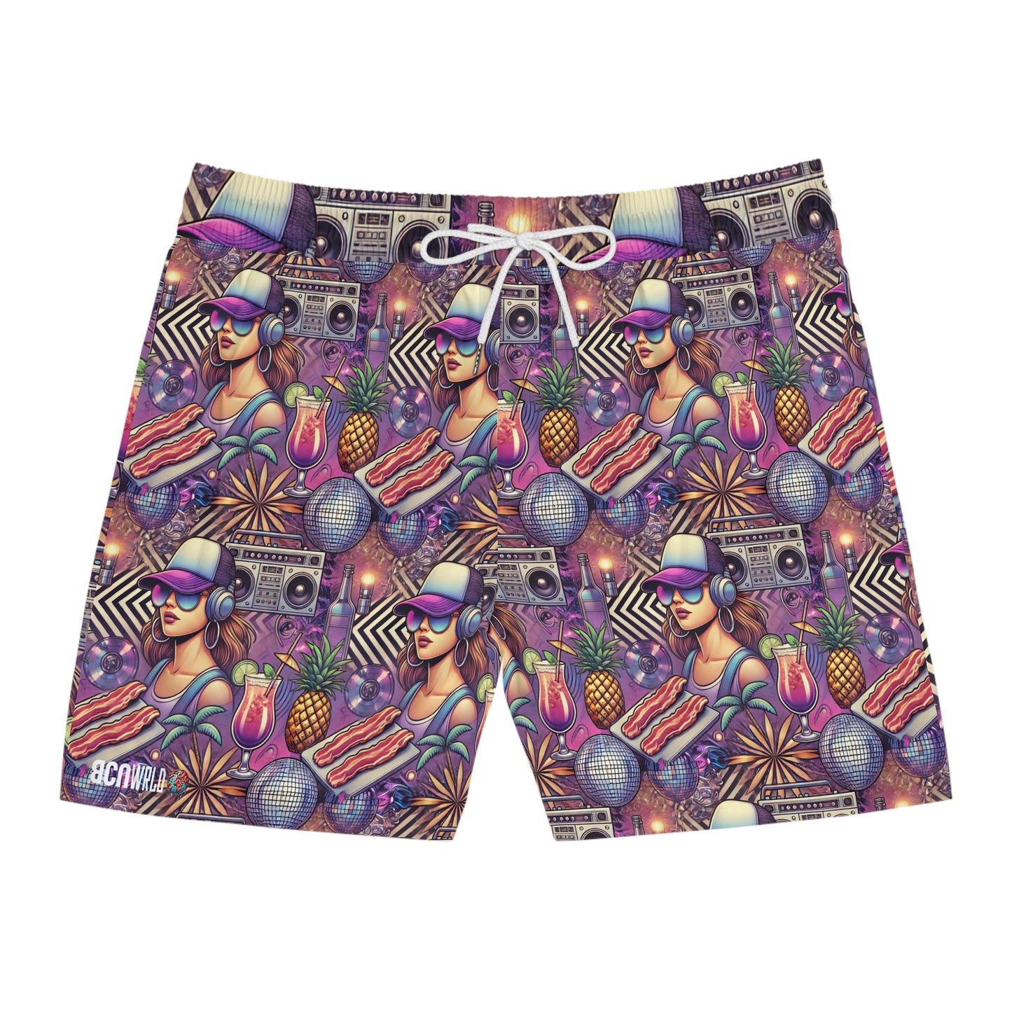 BCNWRLD "SPLASHER FIVE" Vibrant Men's Mid-Length Swim Shorts - Fun Tropical Skull Design with Bacon