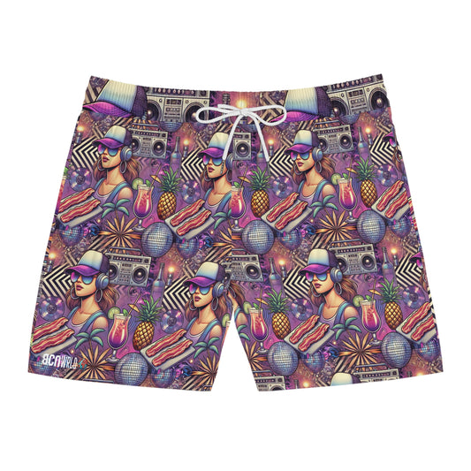 BCNWRLD "SPLASHER FIVE" Vibrant Men's Mid-Length Swim Shorts - Fun Tropical Skull Design with Bacon