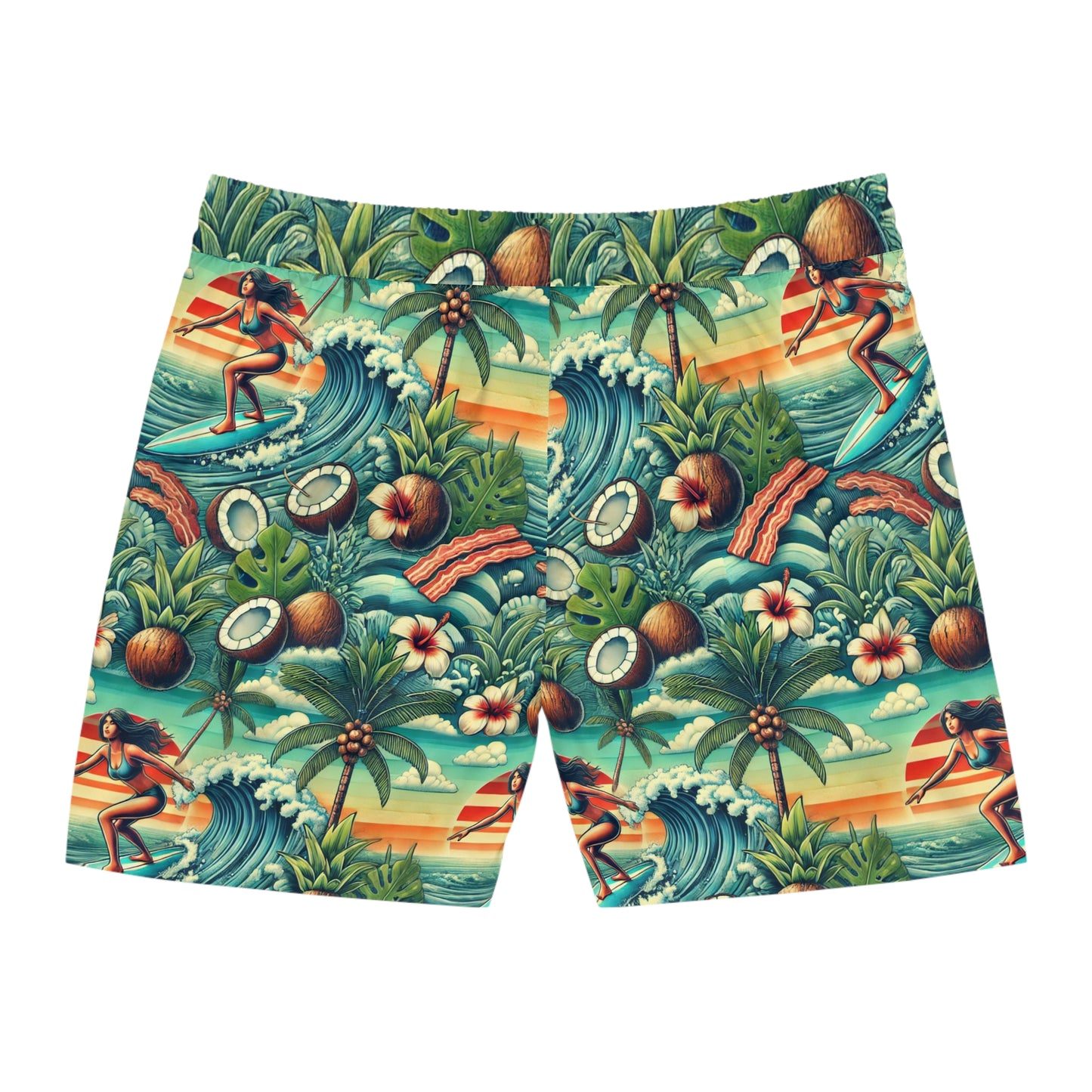 BCNWRLD "SPLASHER FOUR" Vibrant Men's Mid-Length Swim Shorts - Fun Tropical Skull Design with Bacon