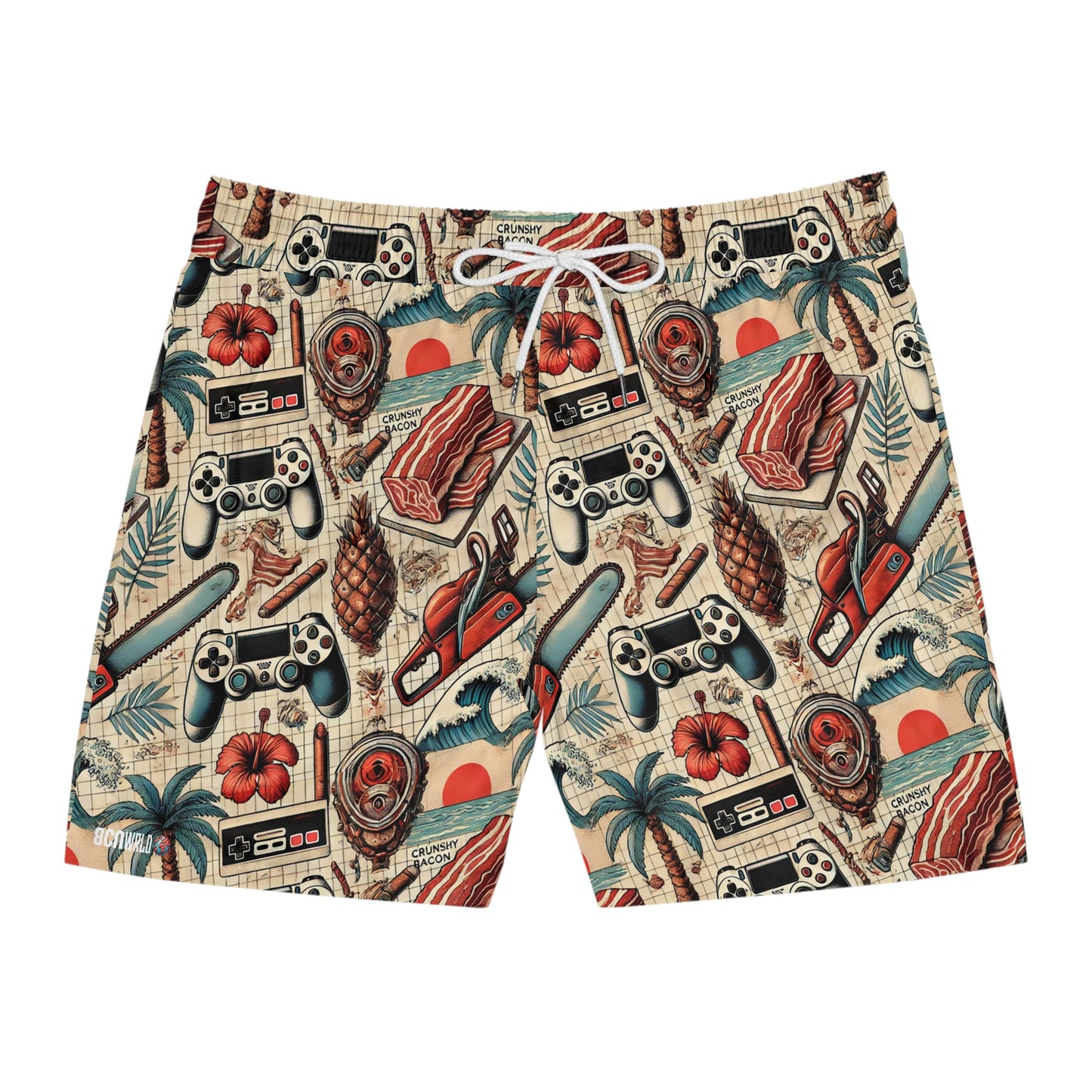 BCNWRLD "SPLASHER THREE" Vibrant Men's Mid-Length Swim Shorts - Fun Tropical Skull Design with Bacon