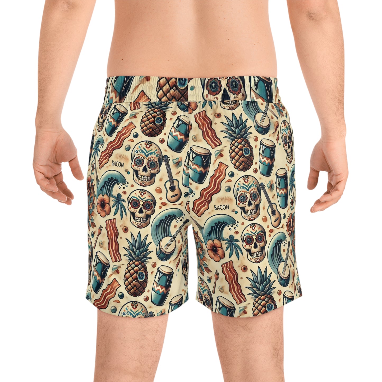 BCNWRLD "SPLASHER ONE" Vibrant Men's Mid-Length Swim Shorts - Fun Tropical Skull Design with Bacon