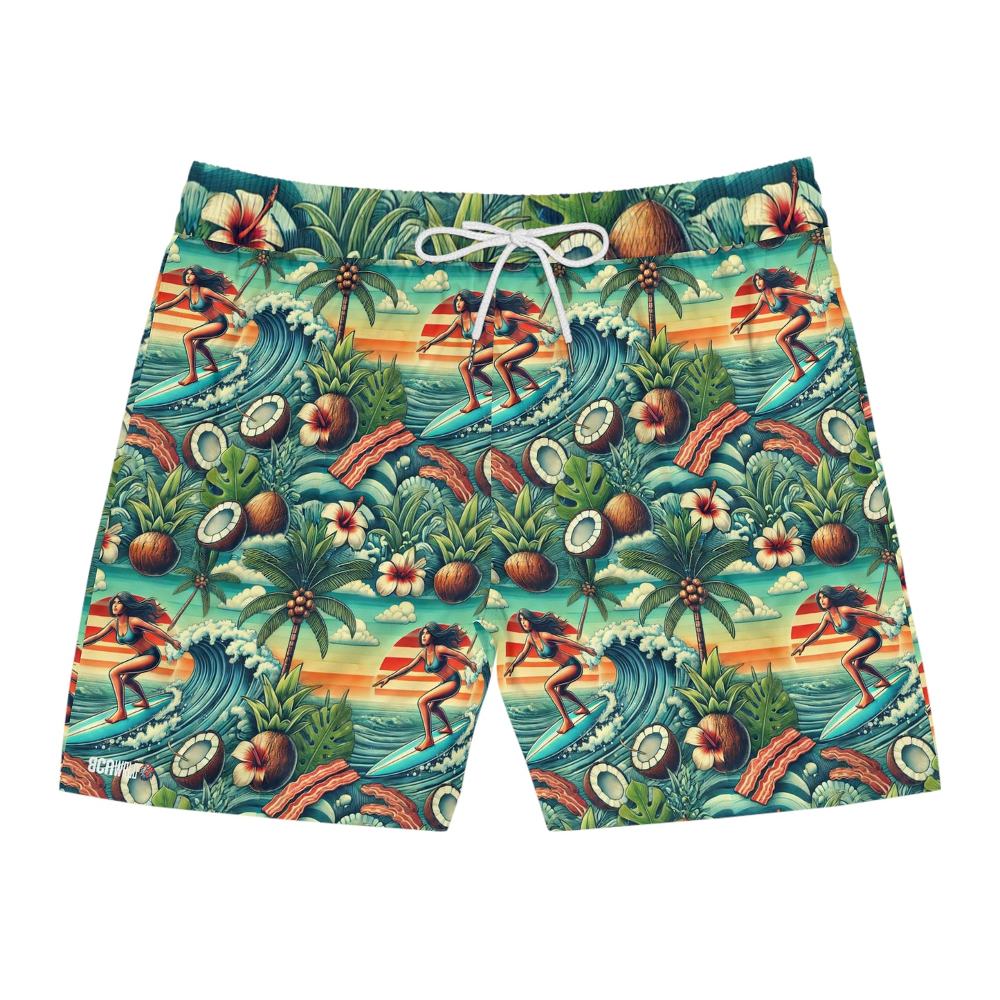 BCNWRLD "SPLASHER FOUR" Vibrant Men's Mid-Length Swim Shorts - Fun Tropical Skull Design with Bacon