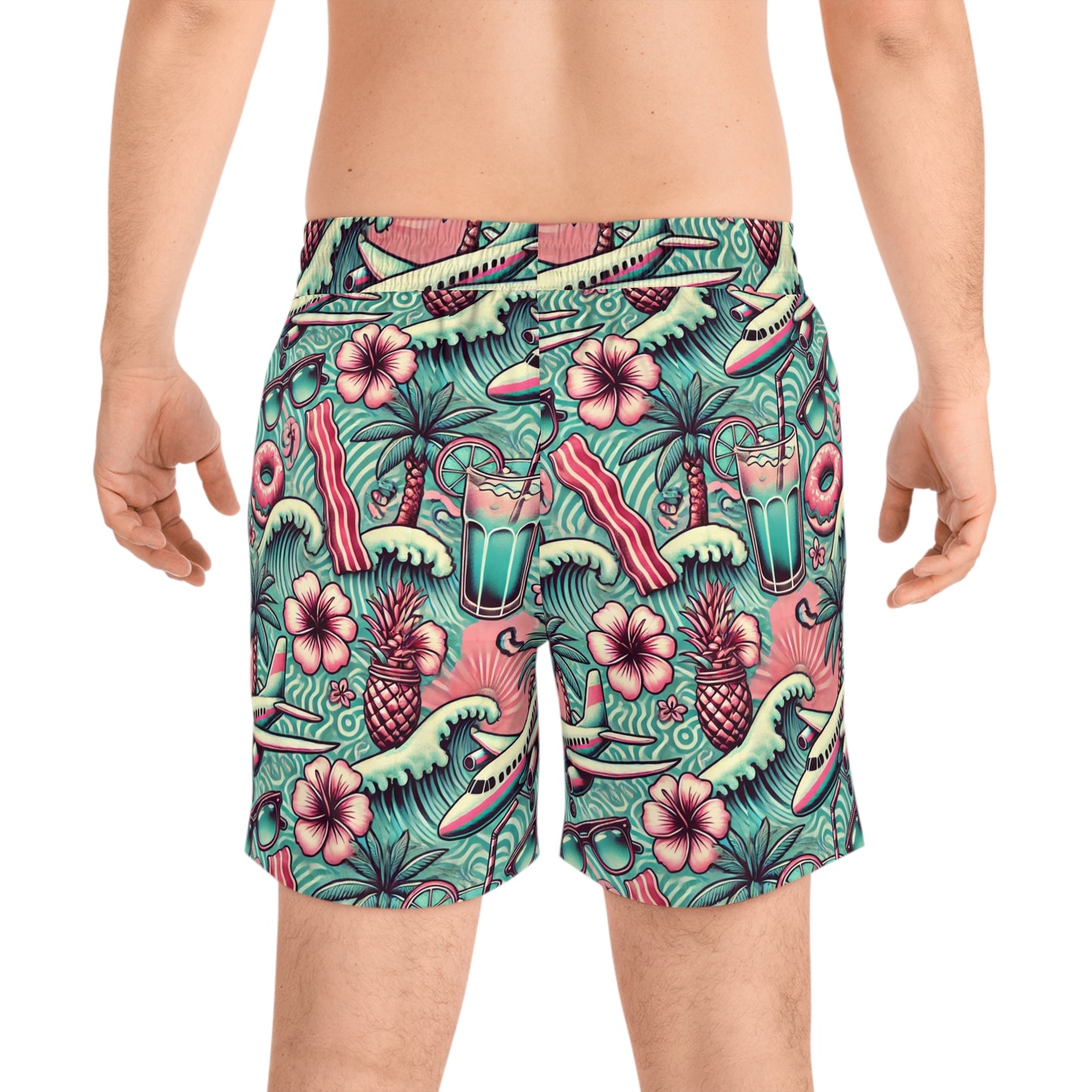 BCNWRLD "SPLASHER TWO" Vibrant Men's Mid-Length Swim Shorts - Fun Tropical Skull Design with Bacon