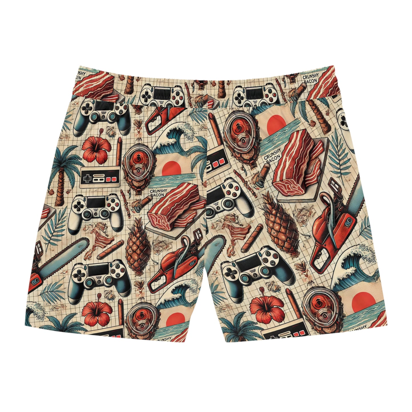 BCNWRLD "SPLASHER THREE" Vibrant Men's Mid-Length Swim Shorts - Fun Tropical Skull Design with Bacon