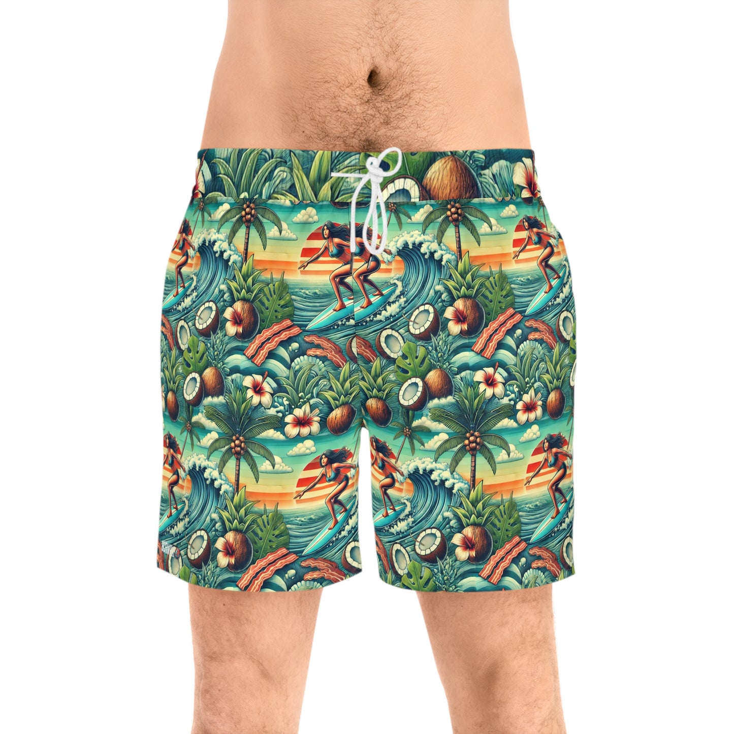 BCNWRLD "SPLASHER FOUR" Vibrant Men's Mid-Length Swim Shorts - Fun Tropical Skull Design with Bacon