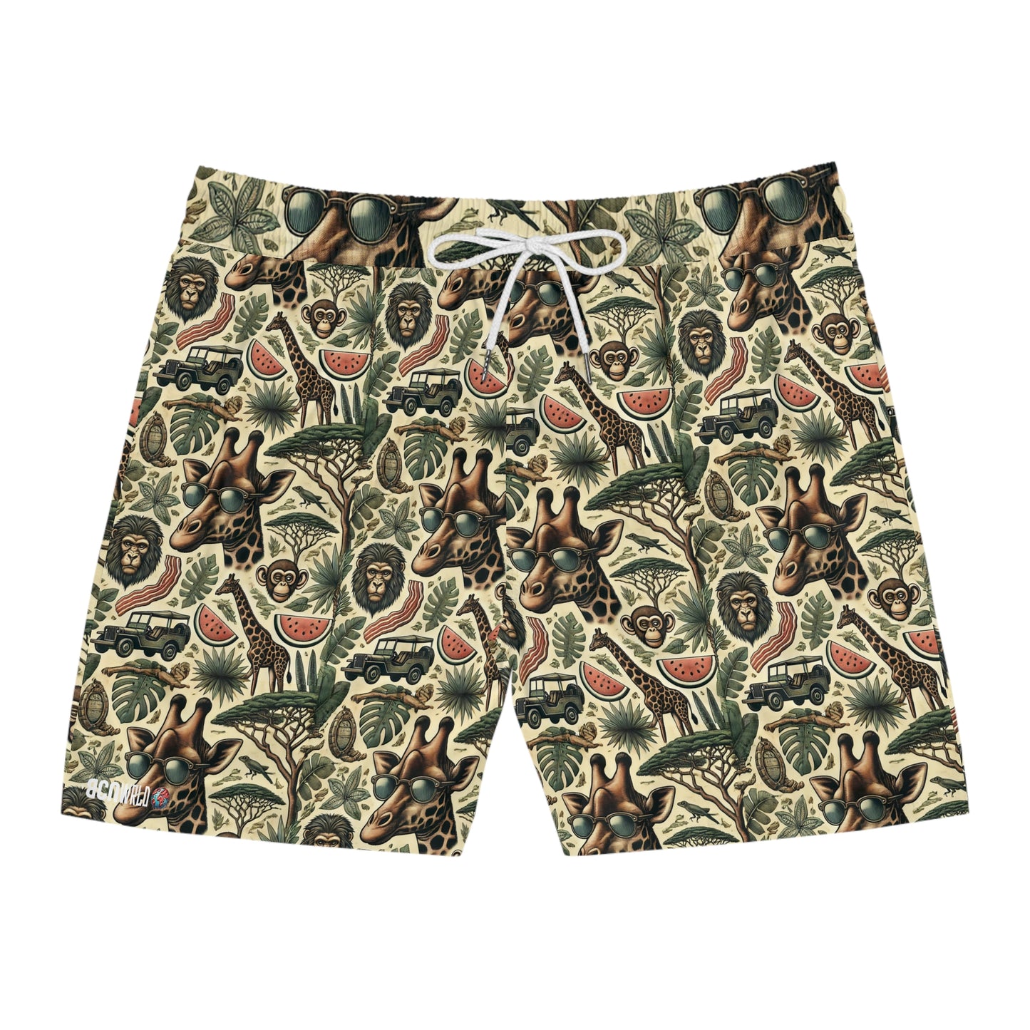 BCNWRLD "SPLASHER SIX" Vibrant Men's Mid-Length Swim Shorts - Fun Tropical Skull Design with Bacon