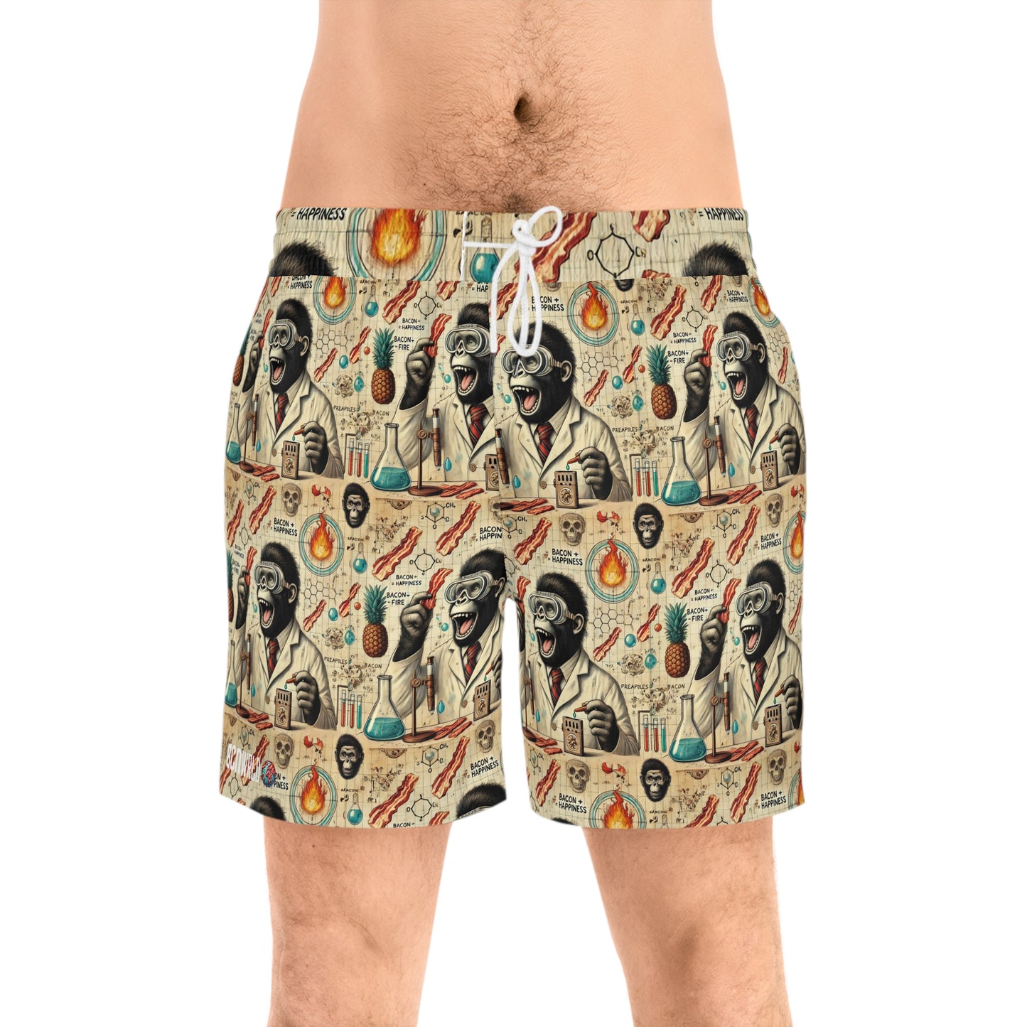 BCNWRLD "SPLASHER SEVEN" Vibrant Men's Mid-Length Swim Shorts - Fun Tropical Skull Design with Bacon