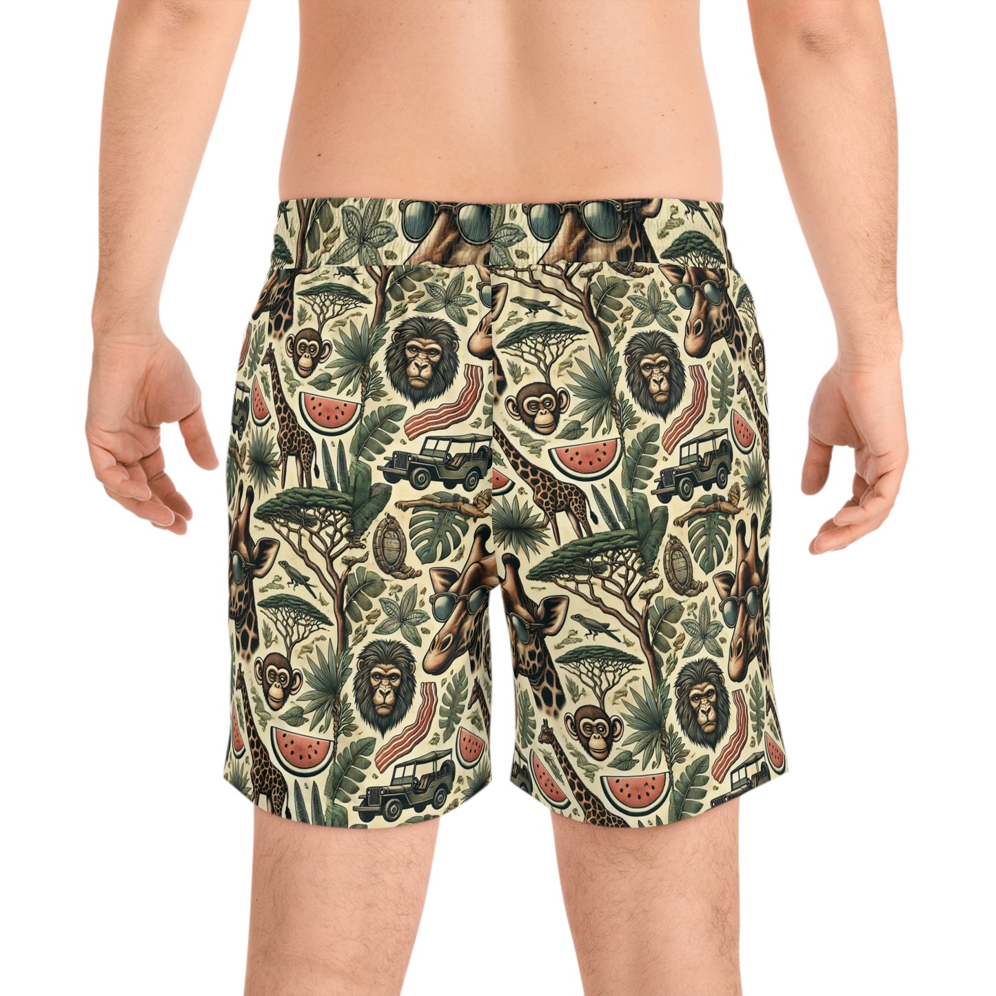 BCNWRLD "SPLASHER SIX" Vibrant Men's Mid-Length Swim Shorts - Fun Tropical Skull Design with Bacon