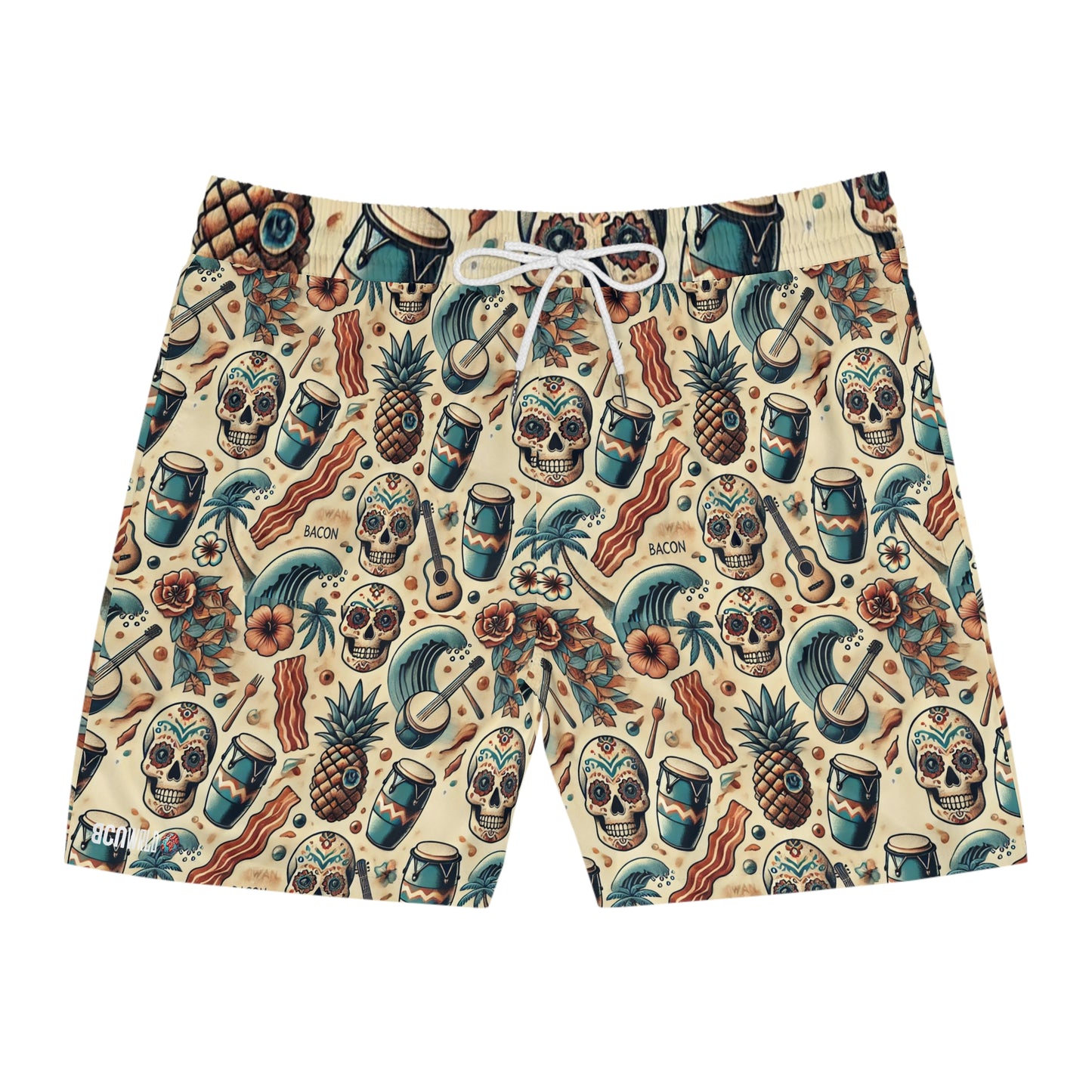 BCNWRLD "SPLASHER ONE" Vibrant Men's Mid-Length Swim Shorts - Fun Tropical Skull Design with Bacon