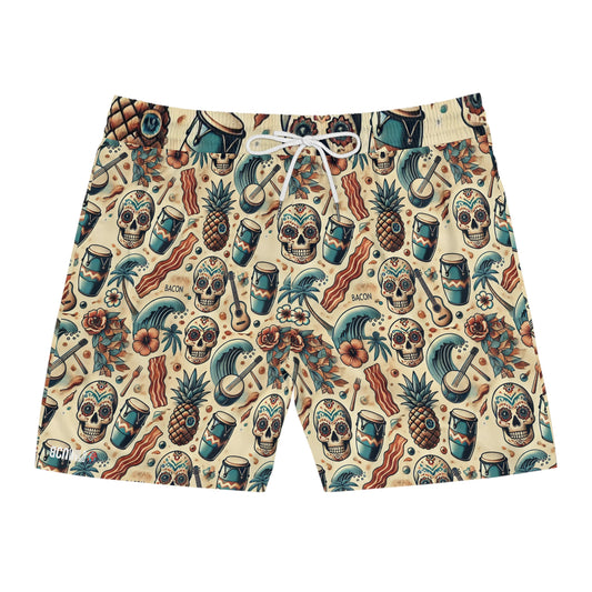 BCNWRLD "SPLASHER ONE" Vibrant Men's Mid-Length Swim Shorts - Fun Tropical Skull Design with Bacon