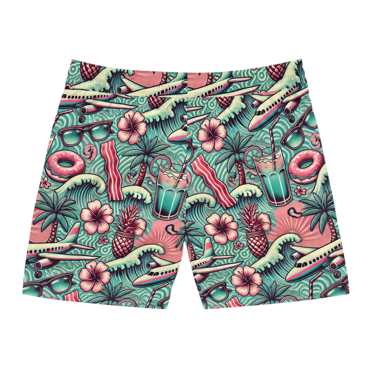 BCNWRLD "SPLASHER TWO" Vibrant Men's Mid-Length Swim Shorts - Fun Tropical Skull Design with Bacon