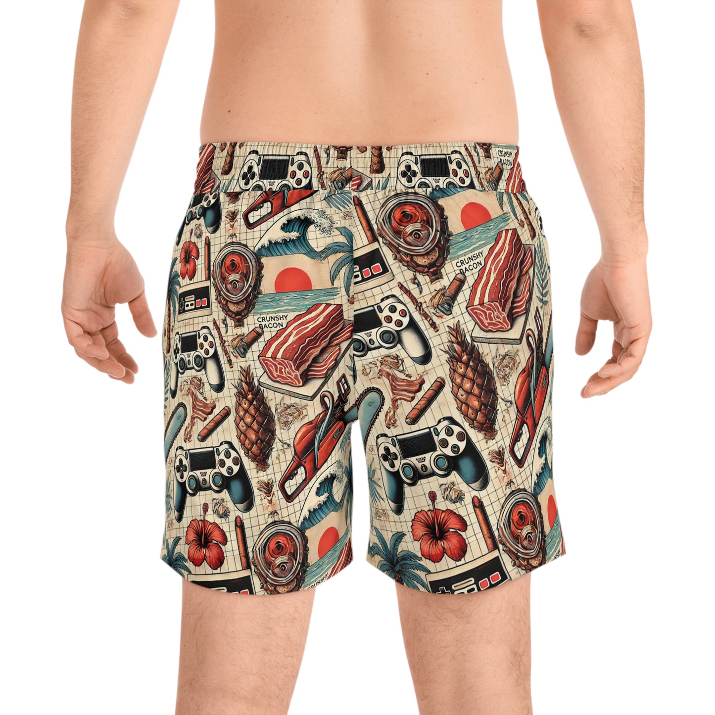 BCNWRLD "SPLASHER THREE" Vibrant Men's Mid-Length Swim Shorts - Fun Tropical Skull Design with Bacon