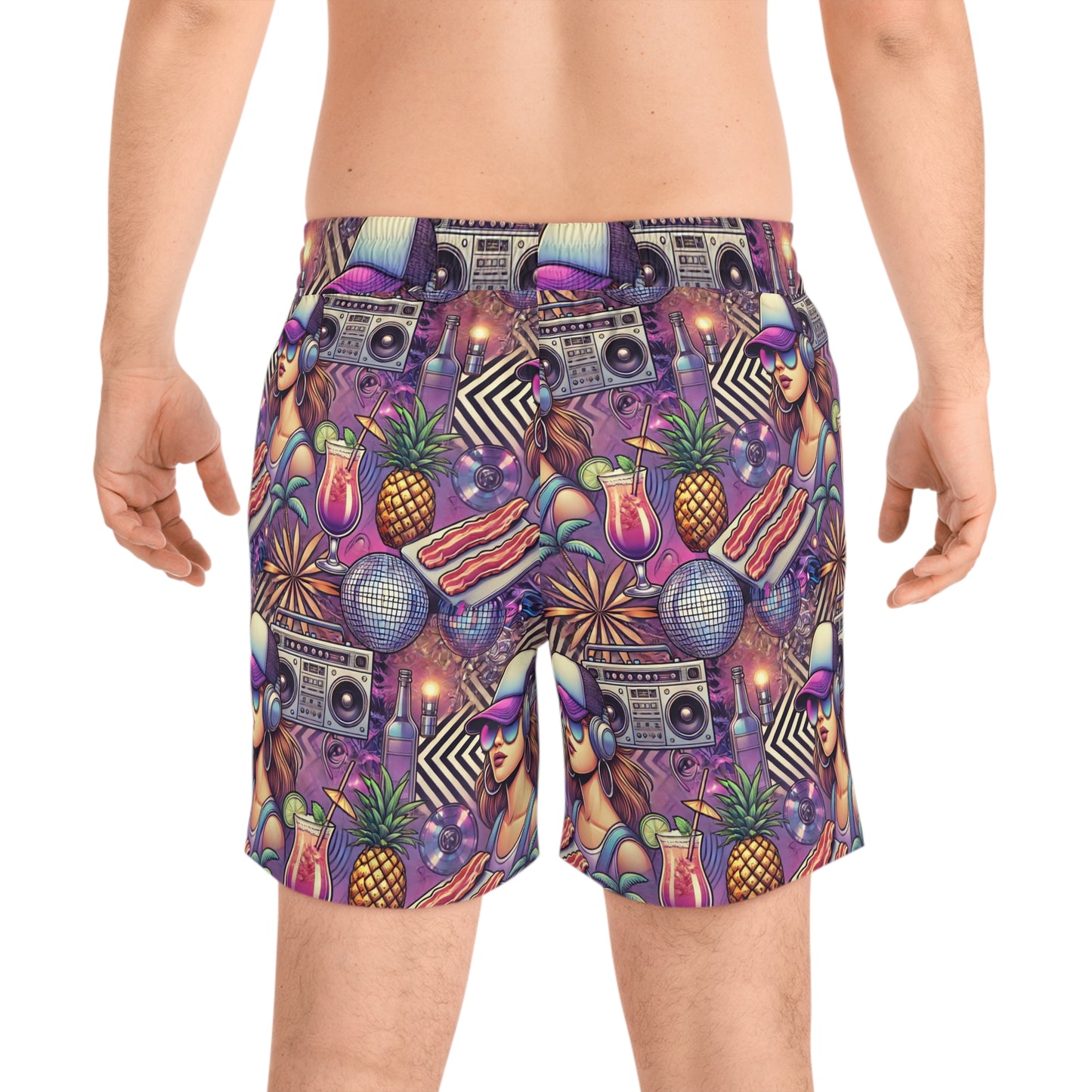 BCNWRLD "SPLASHER FIVE" Vibrant Men's Mid-Length Swim Shorts - Fun Tropical Skull Design with Bacon