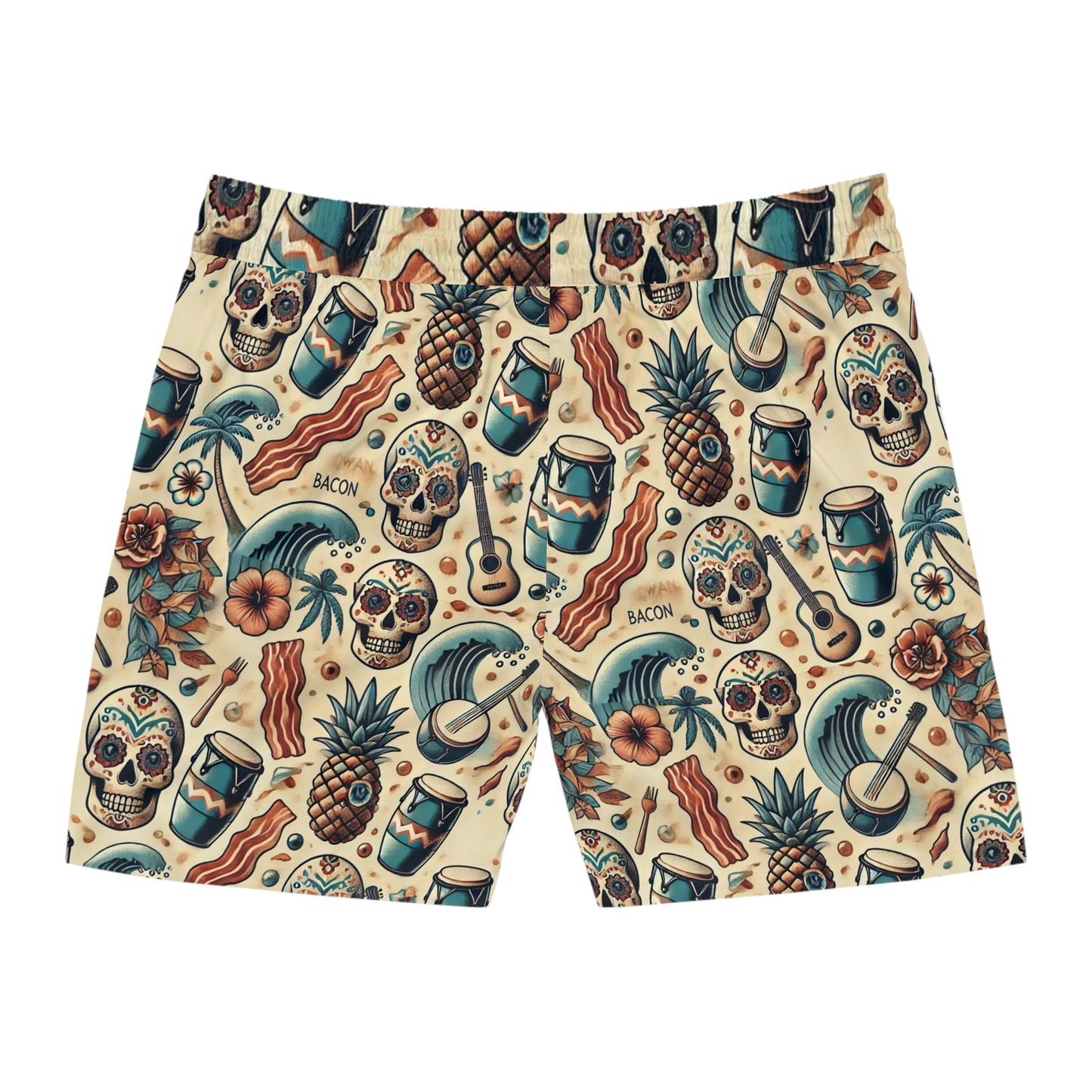 BCNWRLD "SPLASHER ONE" Vibrant Men's Mid-Length Swim Shorts - Fun Tropical Skull Design with Bacon